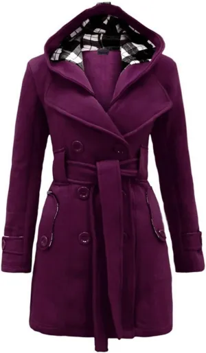 Winter Trench Coats for Women Hooded Long Double Breasted Pea Coat Wool Blend Warm Soft Overcoat Outwear with Pocket