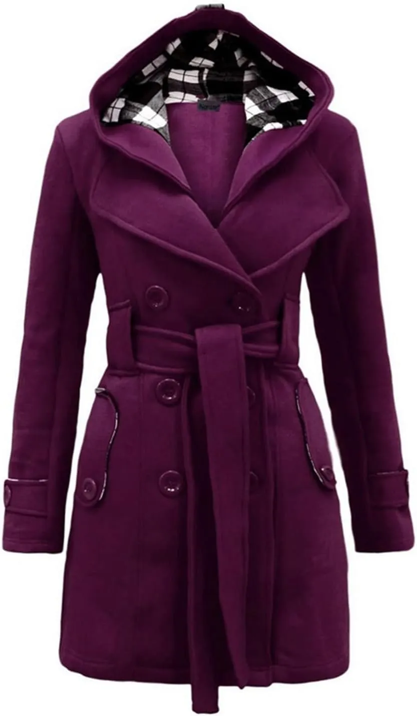 Winter Trench Coats for Women Hooded Long Double Breasted Pea Coat Wool Blend Warm Soft Overcoat Outwear with Pocket