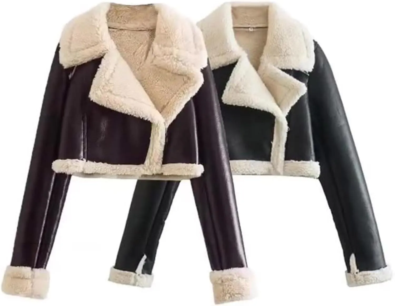 Wkishenl Leather Jacket Women Winter Thicken Fleece Lined Cropped Bomber Jacket Faux Fur Shearling Fluffy Coat Moto Outerwear