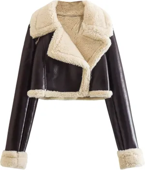 Wkishenl Leather Jacket Women Winter Thicken Fleece Lined Cropped Bomber Jacket Faux Fur Shearling Fluffy Coat Moto Outerwear