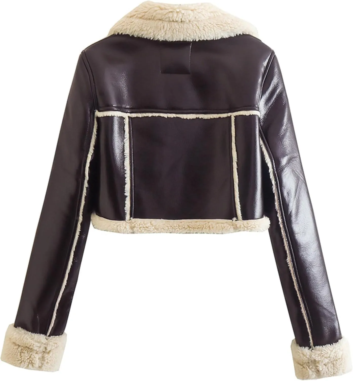 Wkishenl Leather Jacket Women Winter Thicken Fleece Lined Cropped Bomber Jacket Faux Fur Shearling Fluffy Coat Moto Outerwear