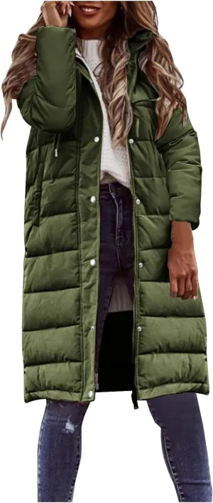 Wkishenl Long Puffer Coat Women Winter Coats Thickened Maxi Parka Jacket Full Zip Knee Length Quilted Outerwear with Hood