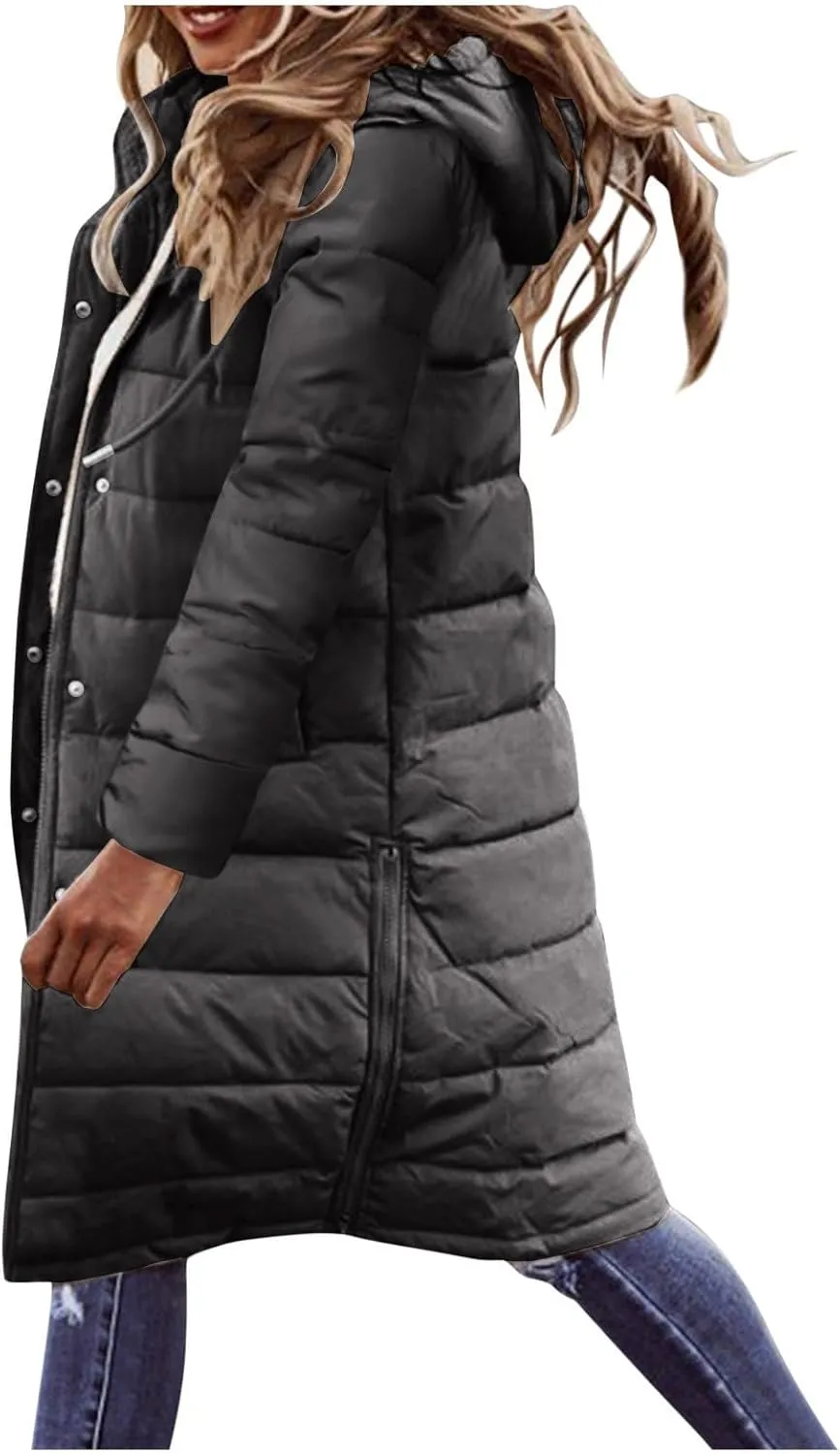 Wkishenl Long Puffer Coat Women Winter Coats Thickened Maxi Parka Jacket Full Zip Knee Length Quilted Outerwear with Hood