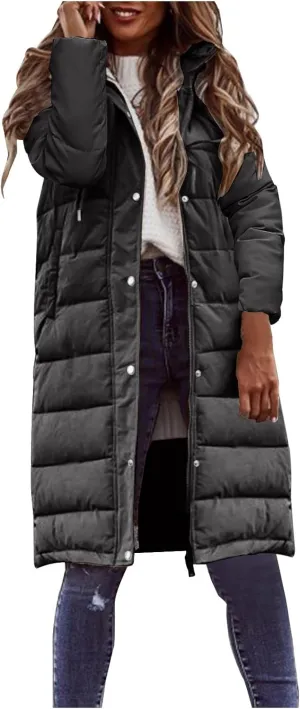 Wkishenl Long Puffer Coat Women Winter Coats Thickened Maxi Parka Jacket Full Zip Knee Length Quilted Outerwear with Hood