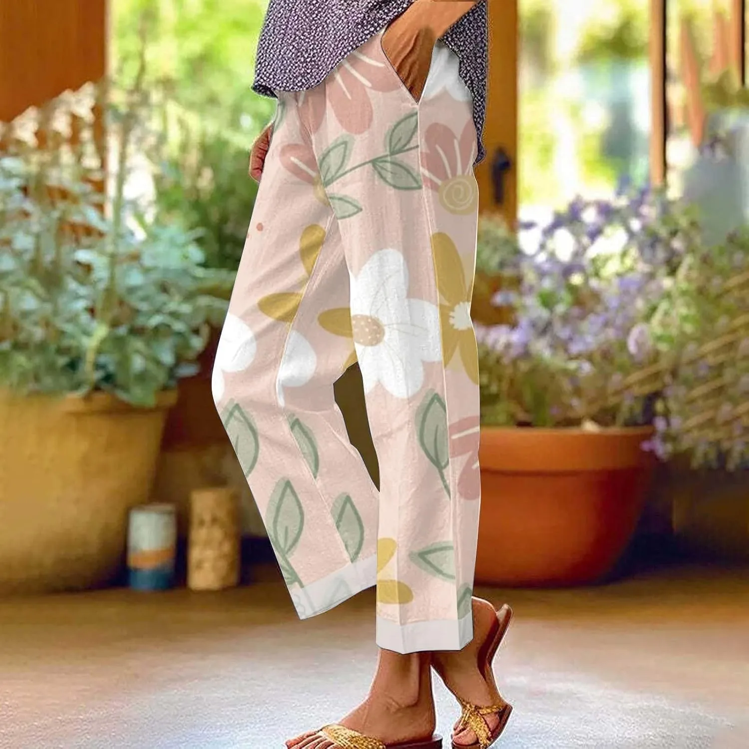 Women Boho Floral Casual Pants Summer Drawstring Lightweight Elastic High Waist Linen Pant Straight Wide Leg Capris