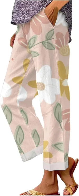 Women Boho Floral Casual Pants Summer Drawstring Lightweight Elastic High Waist Linen Pant Straight Wide Leg Capris