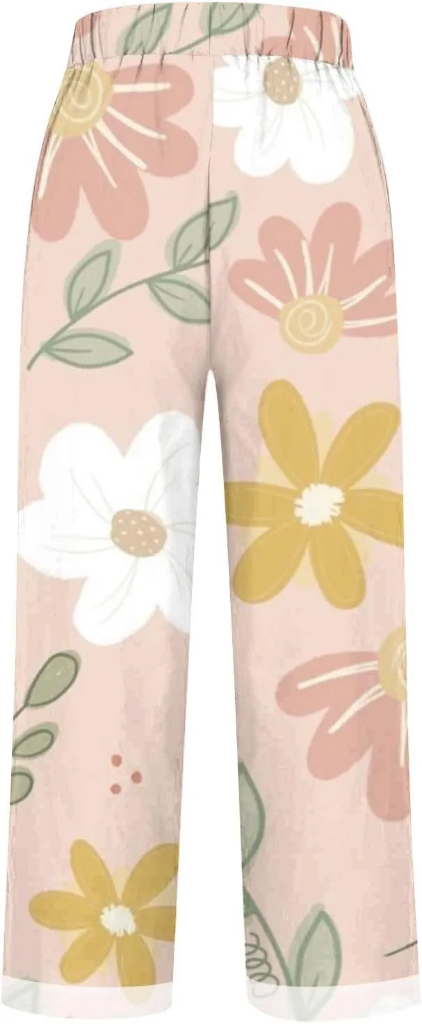 Women Boho Floral Casual Pants Summer Drawstring Lightweight Elastic High Waist Linen Pant Straight Wide Leg Capris