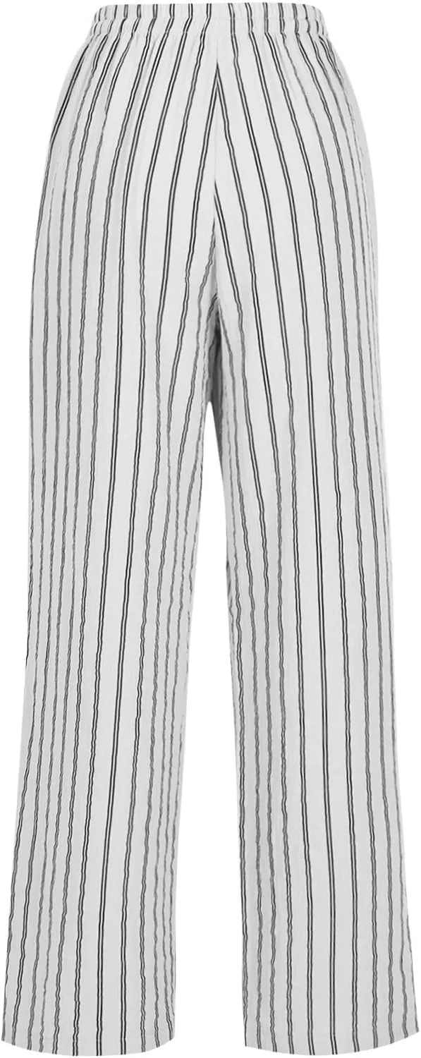 Women Cotton Linen Pants Elastic Waist Striped Wide Leg Palazzo Pant Lounge Casual Beach Clothes Trouser with Pockets