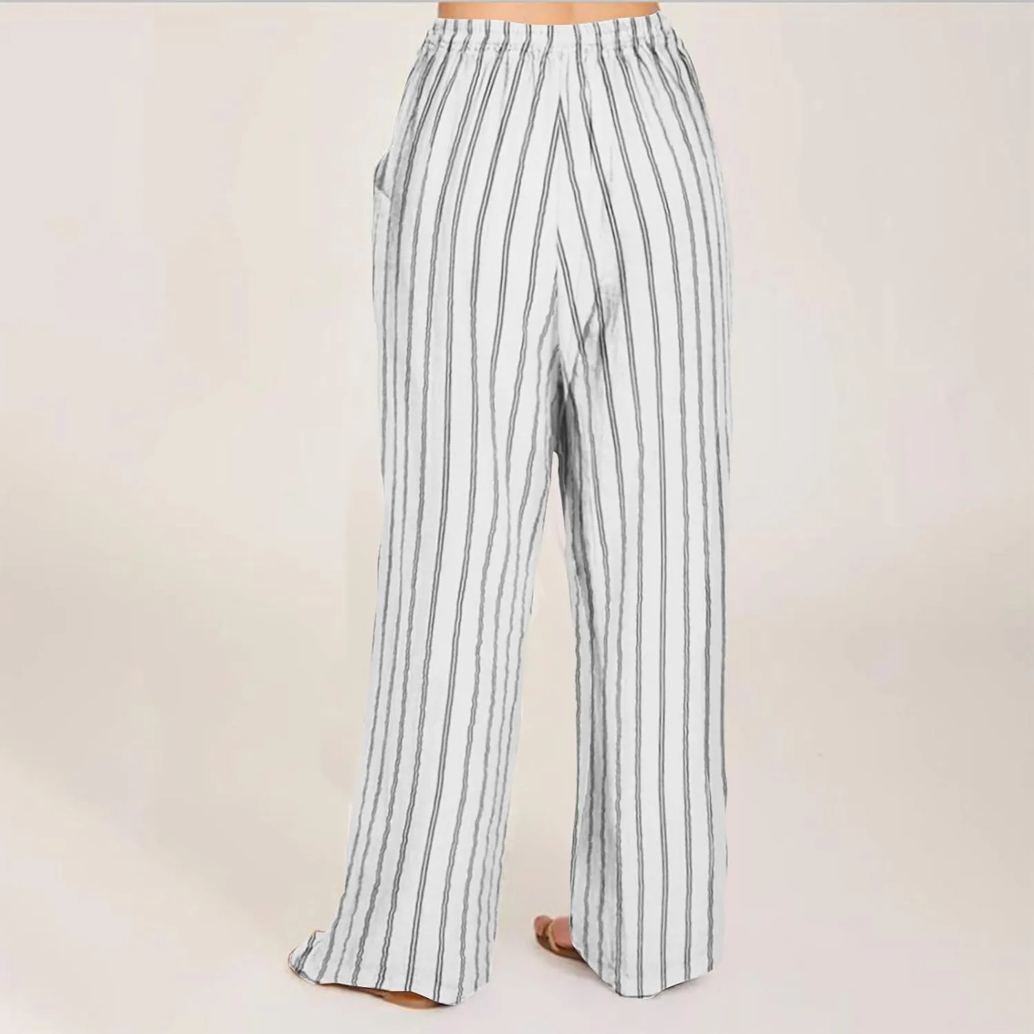 Women Cotton Linen Pants Elastic Waist Striped Wide Leg Palazzo Pant Lounge Casual Beach Clothes Trouser with Pockets
