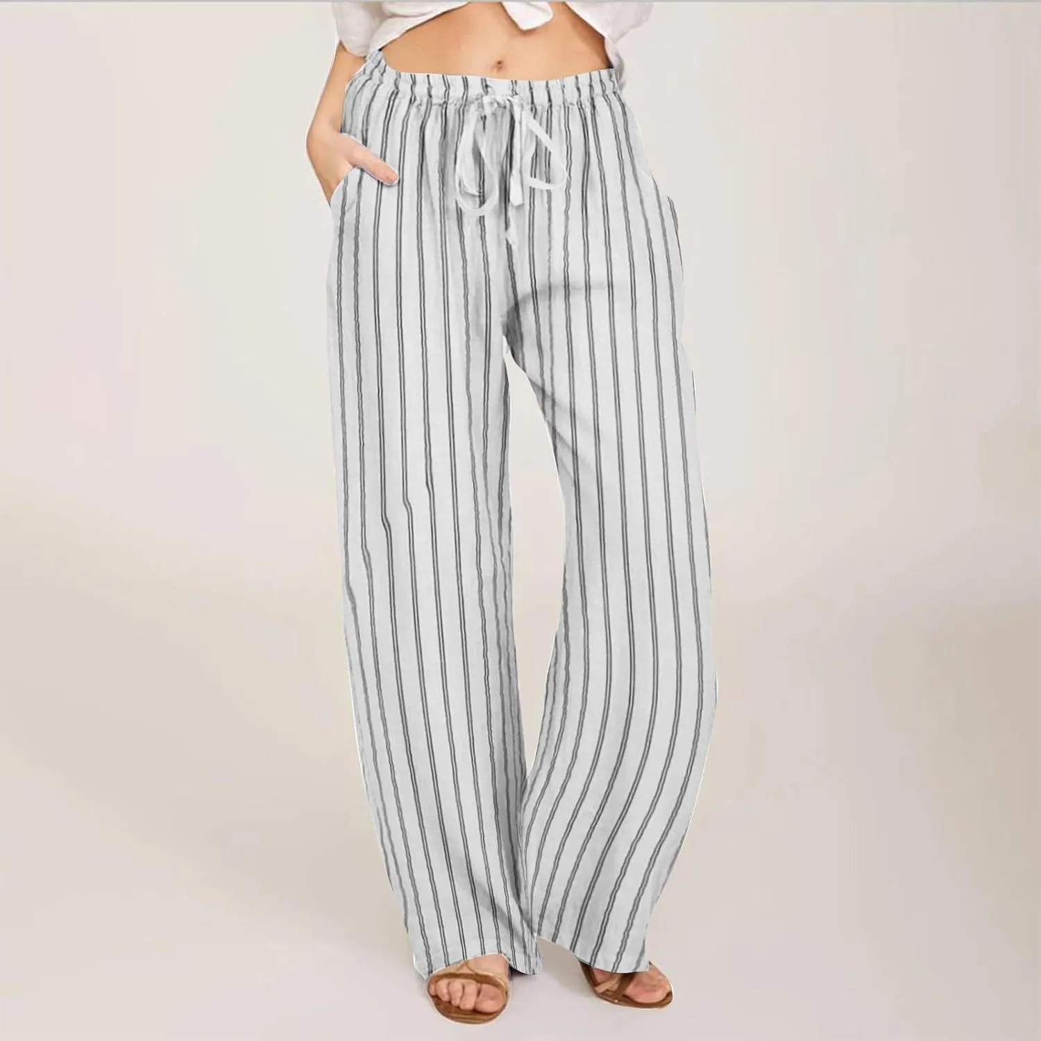 Women Cotton Linen Pants Elastic Waist Striped Wide Leg Palazzo Pant Lounge Casual Beach Clothes Trouser with Pockets