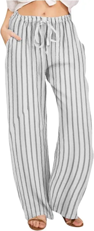 Women Cotton Linen Pants Elastic Waist Striped Wide Leg Palazzo Pant Lounge Casual Beach Clothes Trouser with Pockets