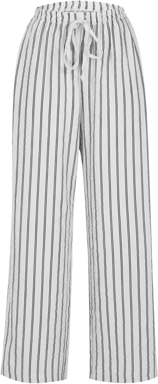 Women Cotton Linen Pants Elastic Waist Striped Wide Leg Palazzo Pant Lounge Casual Beach Clothes Trouser with Pockets