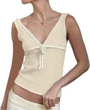 Women Deep V Neck Sleeveless Knit Crop Tank Top Scallop Trim Backless Contrast Binding Slim Fitted Going Out Top