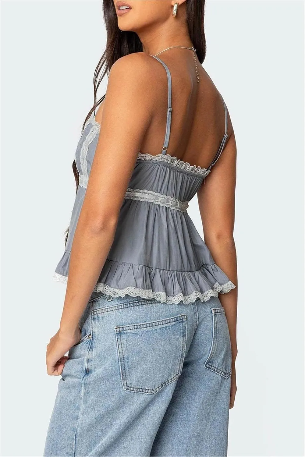 Women Fairy Lace Babydoll Top Y2K Lace Trim Spaghetti Strap Peplum Tank Top Slim Fit Backless Going Out Camisole