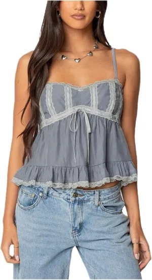 Women Fairy Lace Babydoll Top Y2K Lace Trim Spaghetti Strap Peplum Tank Top Slim Fit Backless Going Out Camisole