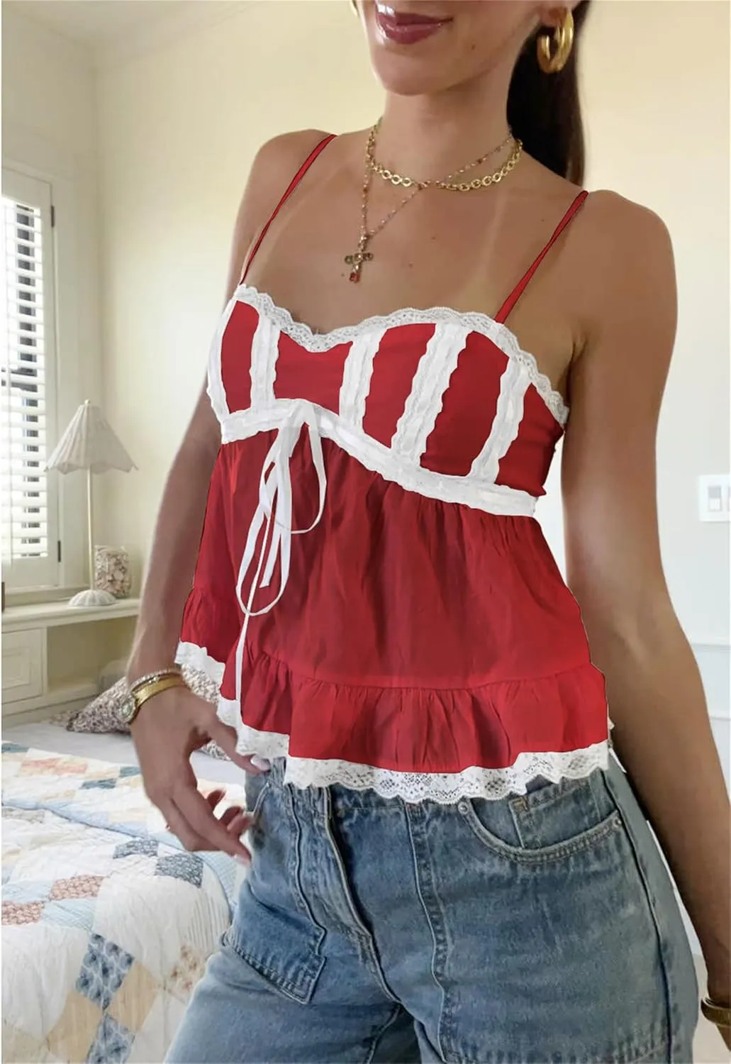 Women Fairy Lace Babydoll Top Y2K Lace Trim Spaghetti Strap Peplum Tank Top Slim Fit Backless Going Out Camisole