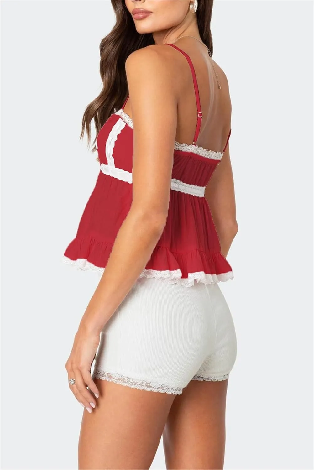 Women Fairy Lace Babydoll Top Y2K Lace Trim Spaghetti Strap Peplum Tank Top Slim Fit Backless Going Out Camisole