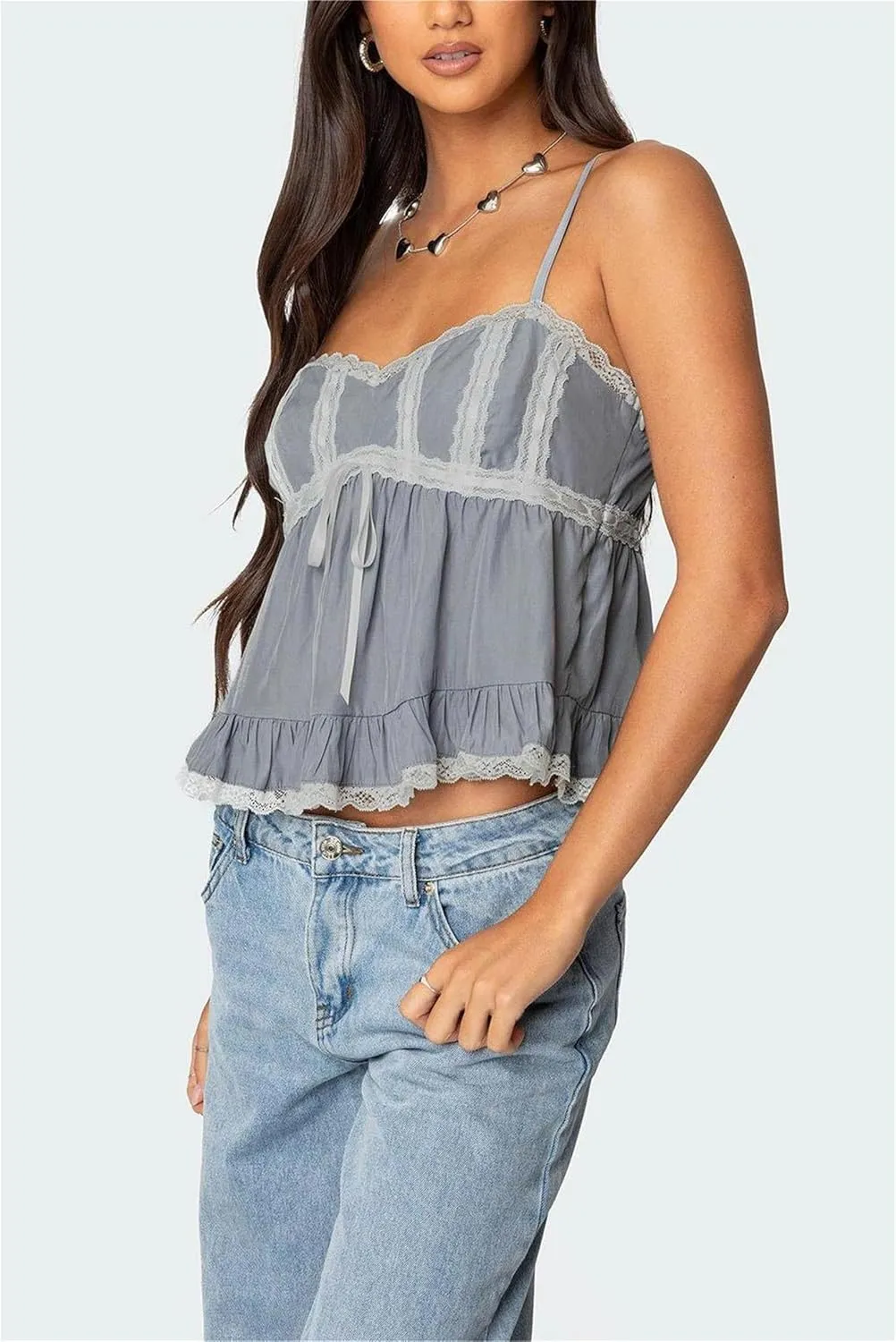 Women Fairy Lace Babydoll Top Y2K Lace Trim Spaghetti Strap Peplum Tank Top Slim Fit Backless Going Out Camisole