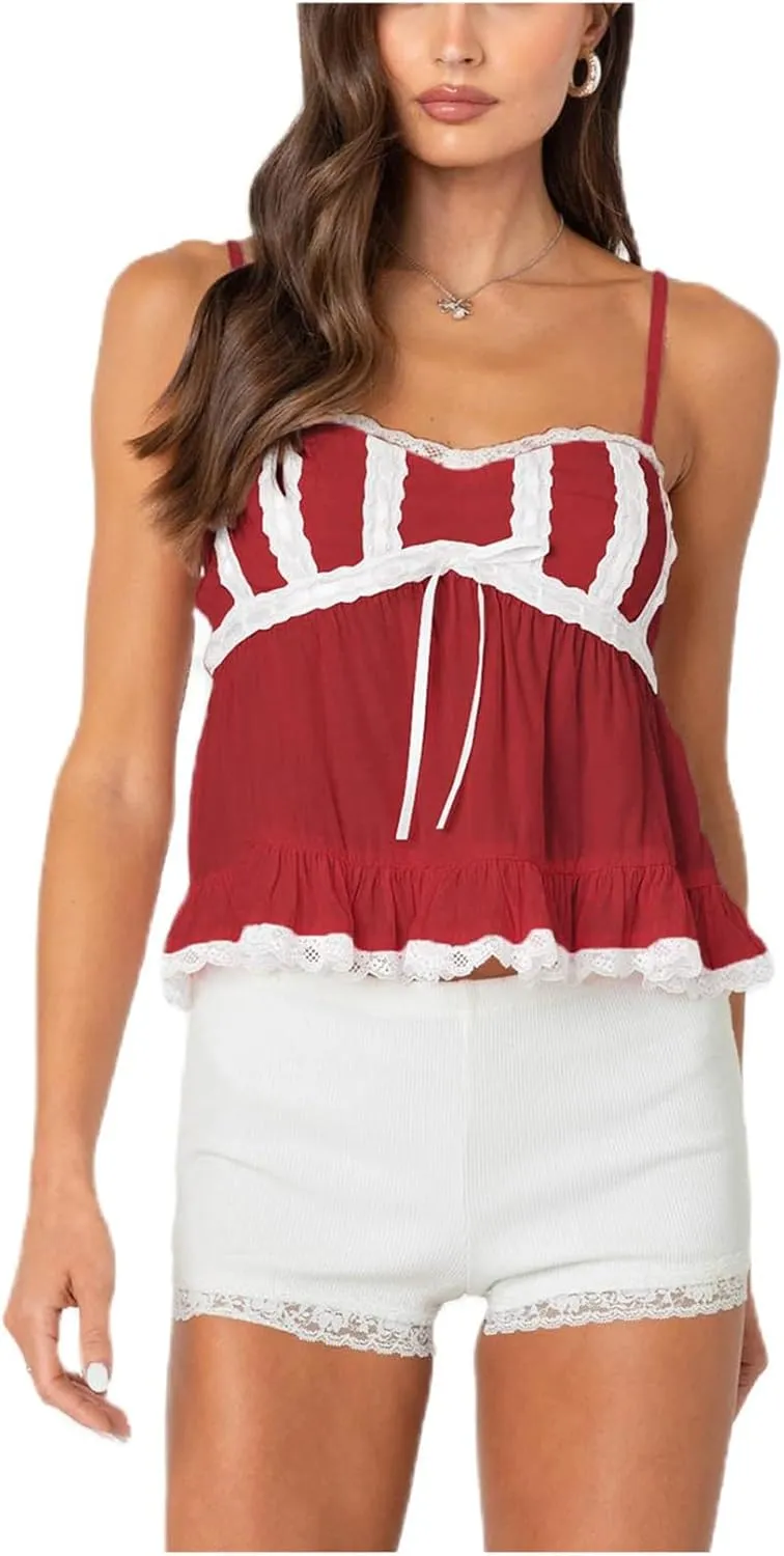 Women Fairy Lace Babydoll Top Y2K Lace Trim Spaghetti Strap Peplum Tank Top Slim Fit Backless Going Out Camisole