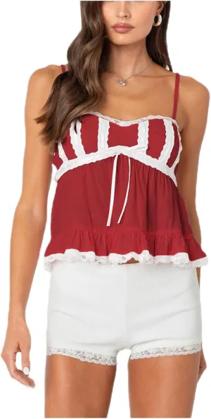 Women Fairy Lace Babydoll Top Y2K Lace Trim Spaghetti Strap Peplum Tank Top Slim Fit Backless Going Out Camisole