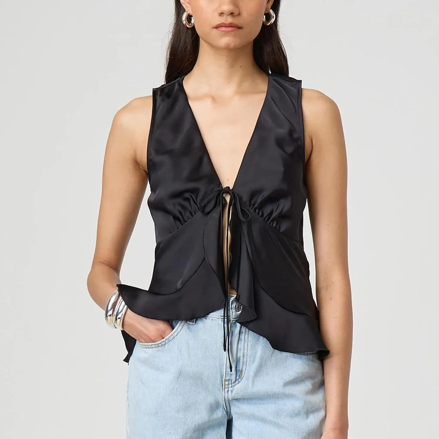 Women Fashion Satin Vest Sleeveless Lace Up Front Ruffle Hem Tank Top Solid Color Tie Camisole Going Out Top