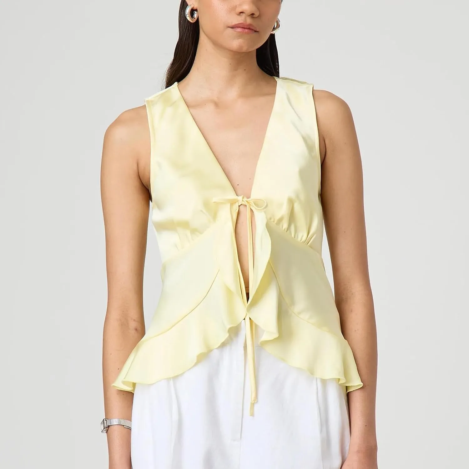 Women Fashion Satin Vest Sleeveless Lace Up Front Ruffle Hem Tank Top Solid Color Tie Camisole Going Out Top