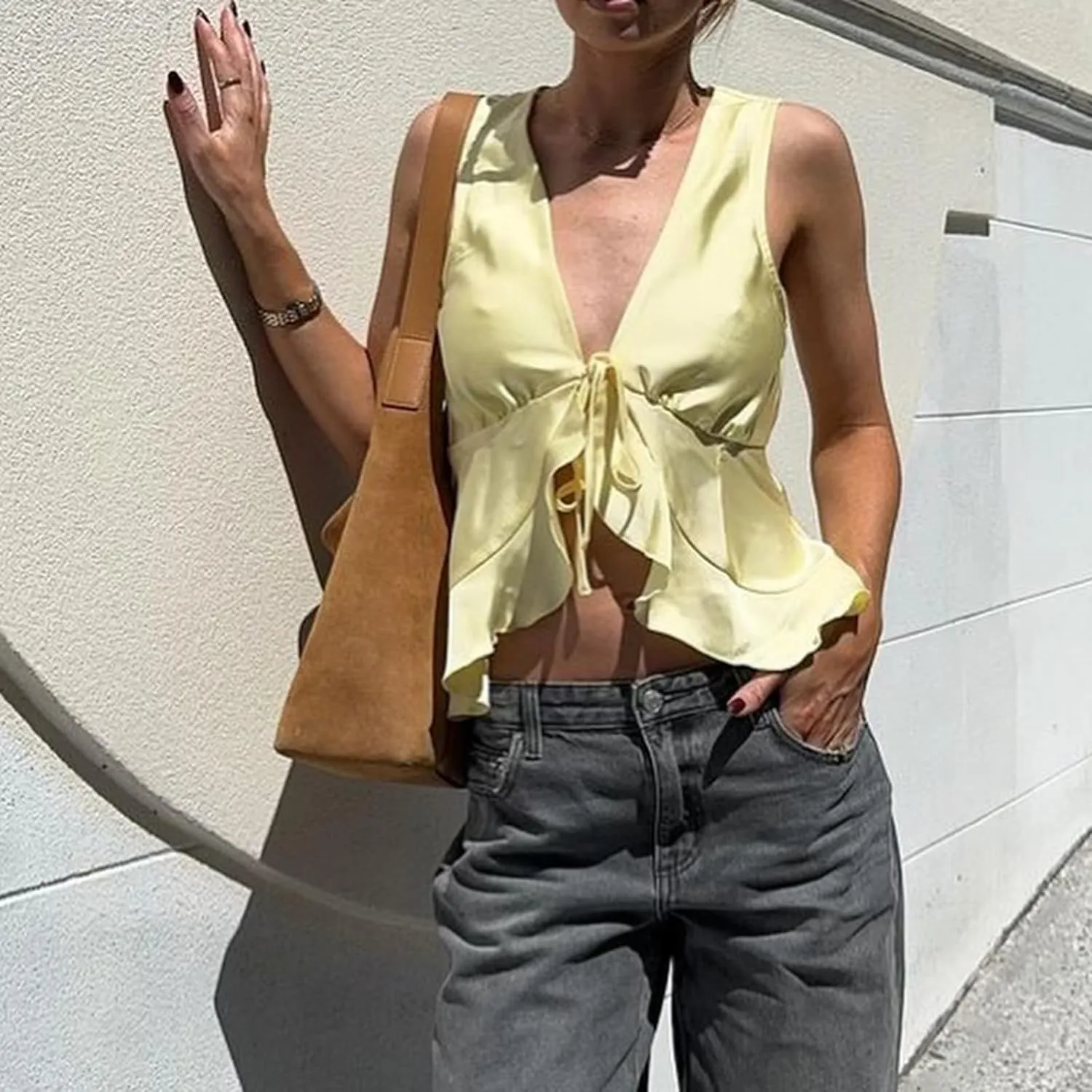 Women Fashion Satin Vest Sleeveless Lace Up Front Ruffle Hem Tank Top Solid Color Tie Camisole Going Out Top
