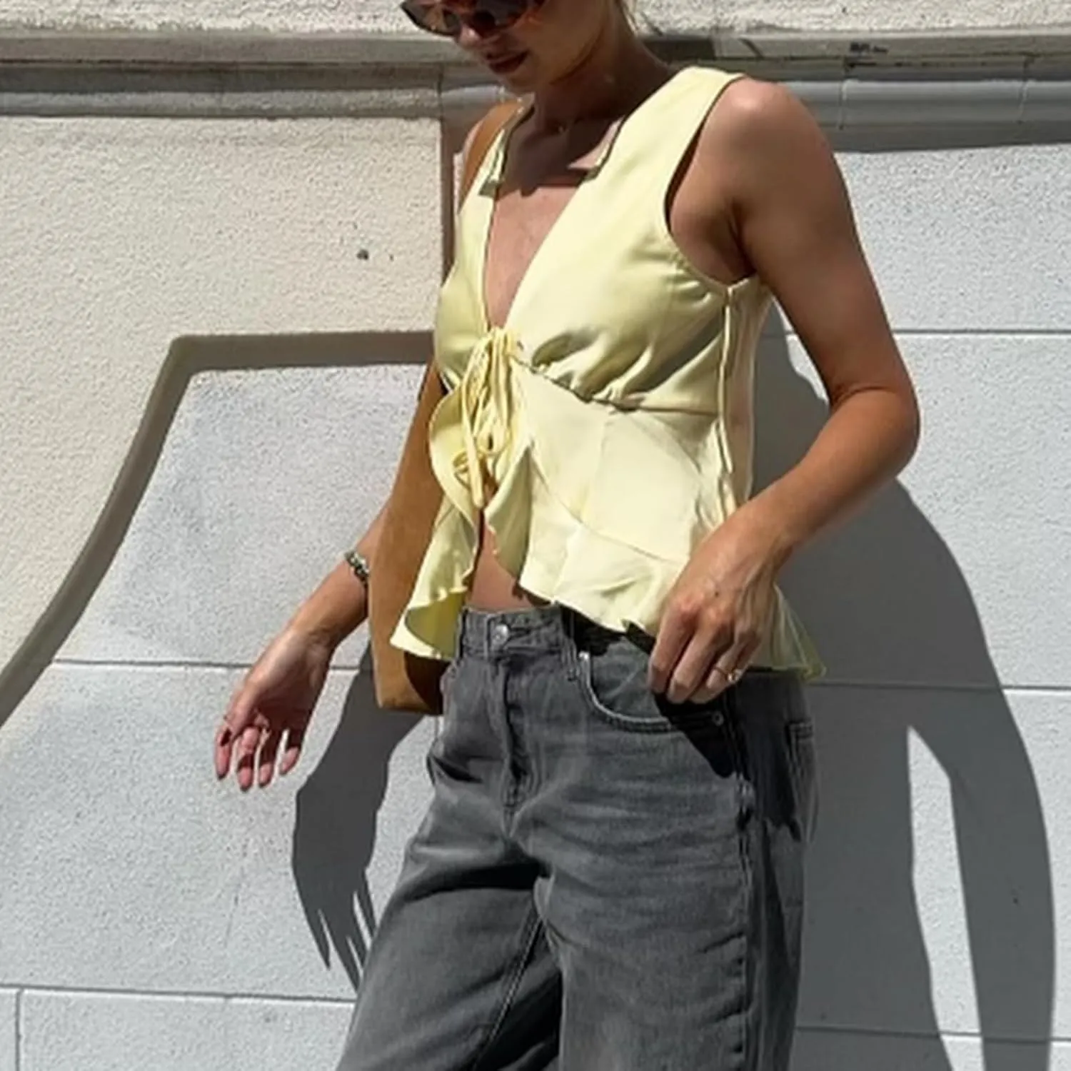 Women Fashion Satin Vest Sleeveless Lace Up Front Ruffle Hem Tank Top Solid Color Tie Camisole Going Out Top