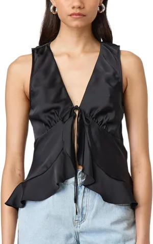 Women Fashion Satin Vest Sleeveless Lace Up Front Ruffle Hem Tank Top Solid Color Tie Camisole Going Out Top