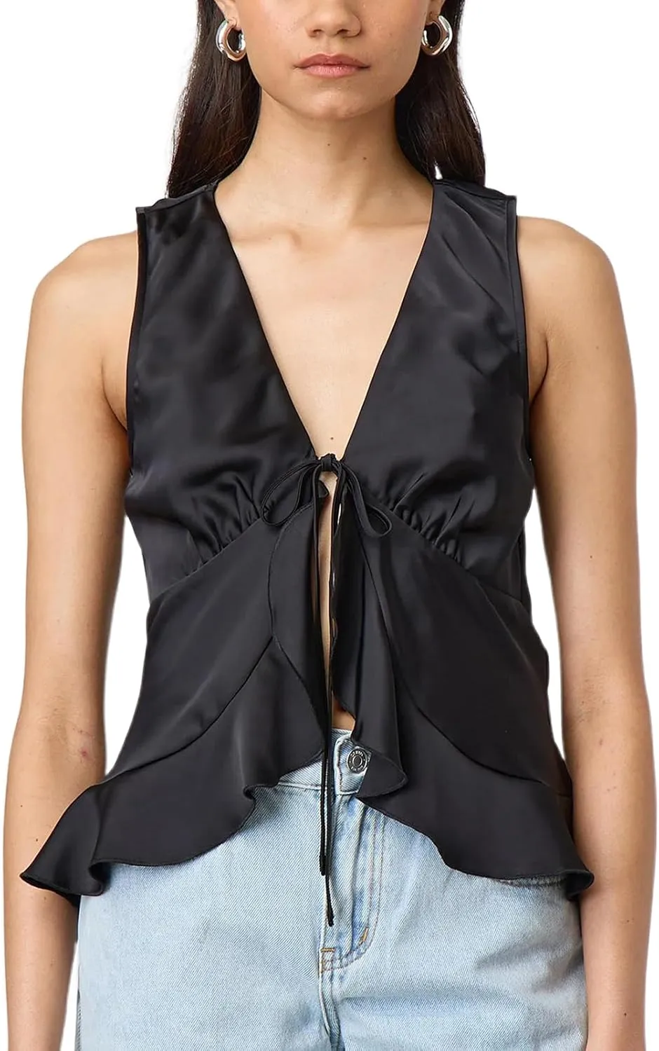 Women Fashion Satin Vest Sleeveless Lace Up Front Ruffle Hem Tank Top Solid Color Tie Camisole Going Out Top