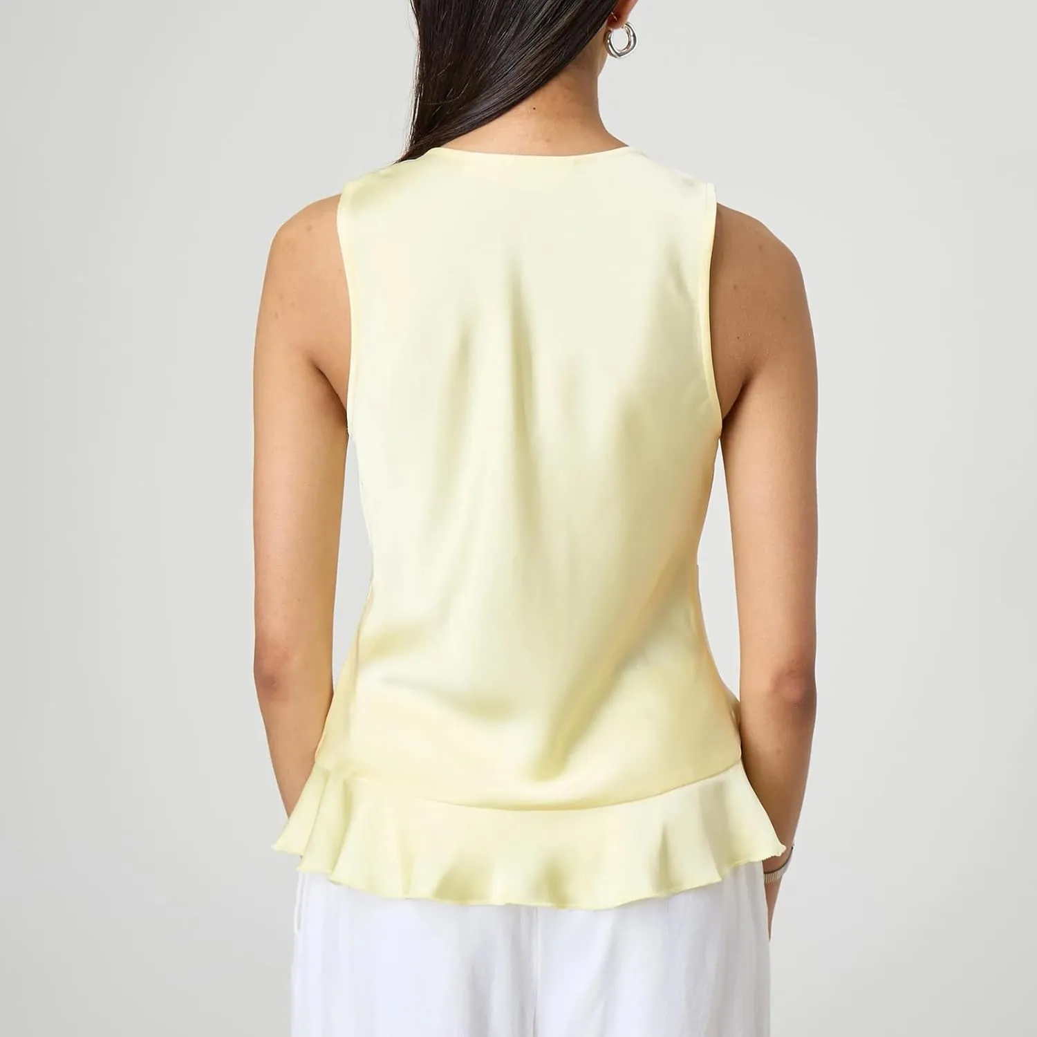 Women Fashion Satin Vest Sleeveless Lace Up Front Ruffle Hem Tank Top Solid Color Tie Camisole Going Out Top