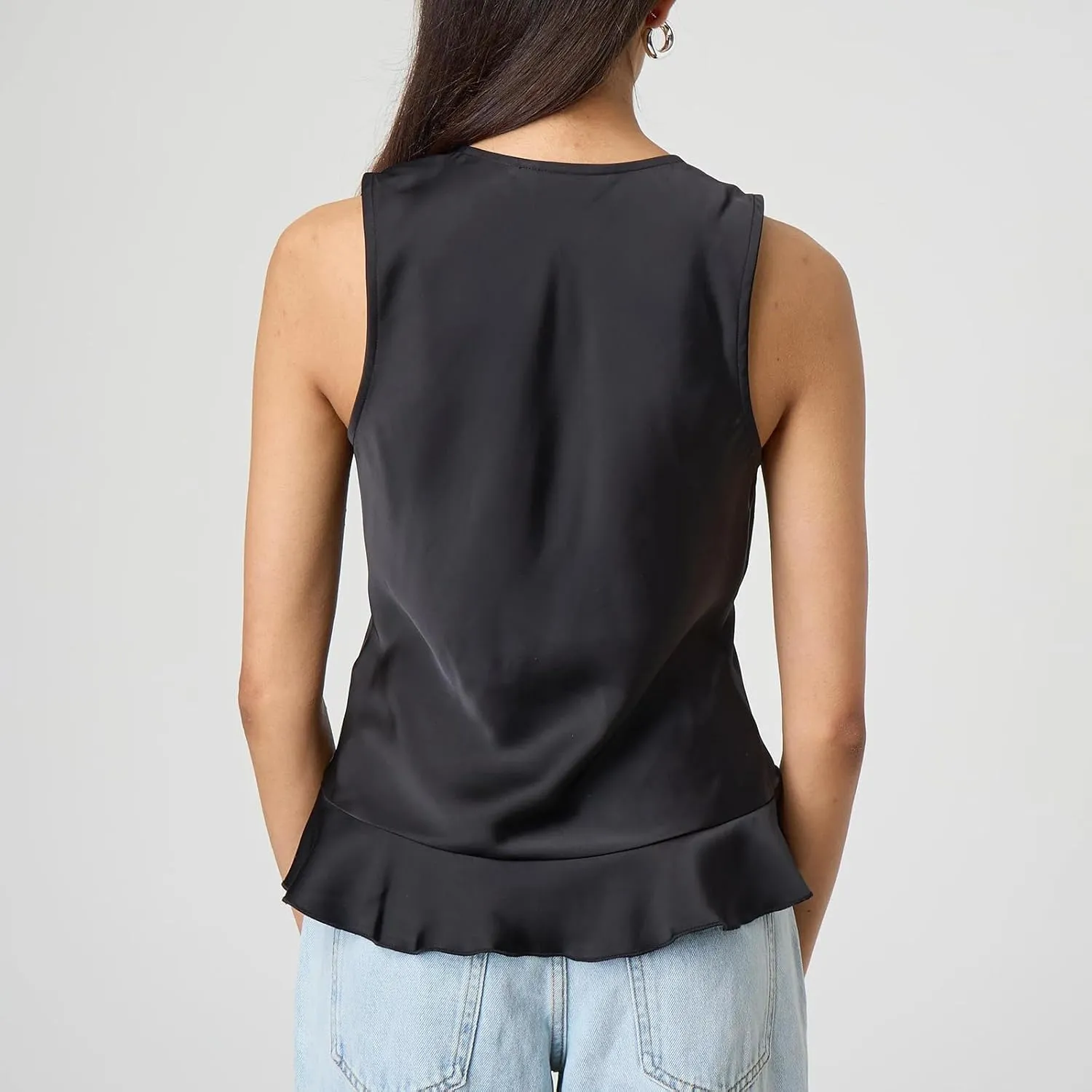 Women Fashion Satin Vest Sleeveless Lace Up Front Ruffle Hem Tank Top Solid Color Tie Camisole Going Out Top