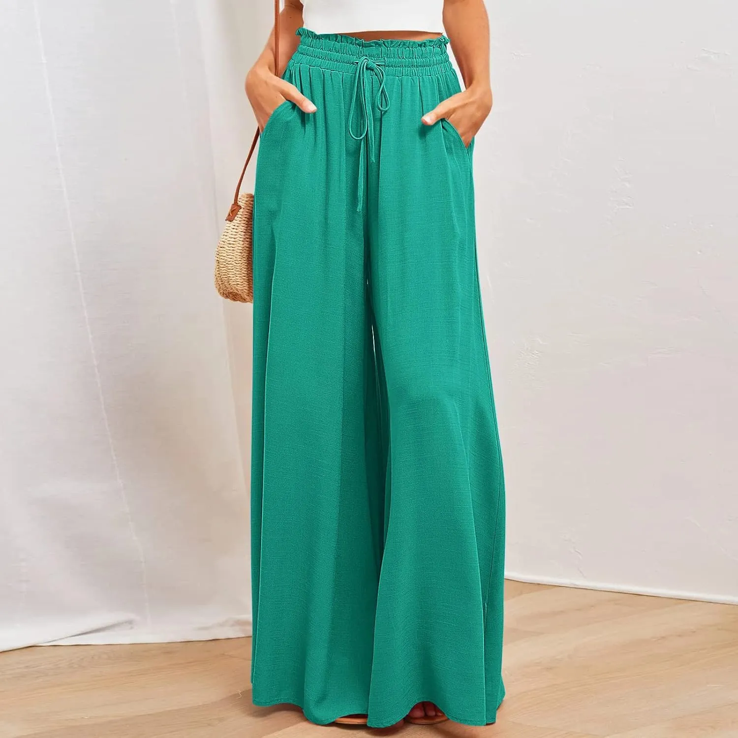 Women Flowy Pants Summer Fashion High Waisted Drawstring Wide Leg Casual Baggy Lightweight Breathable Solid Trosuers