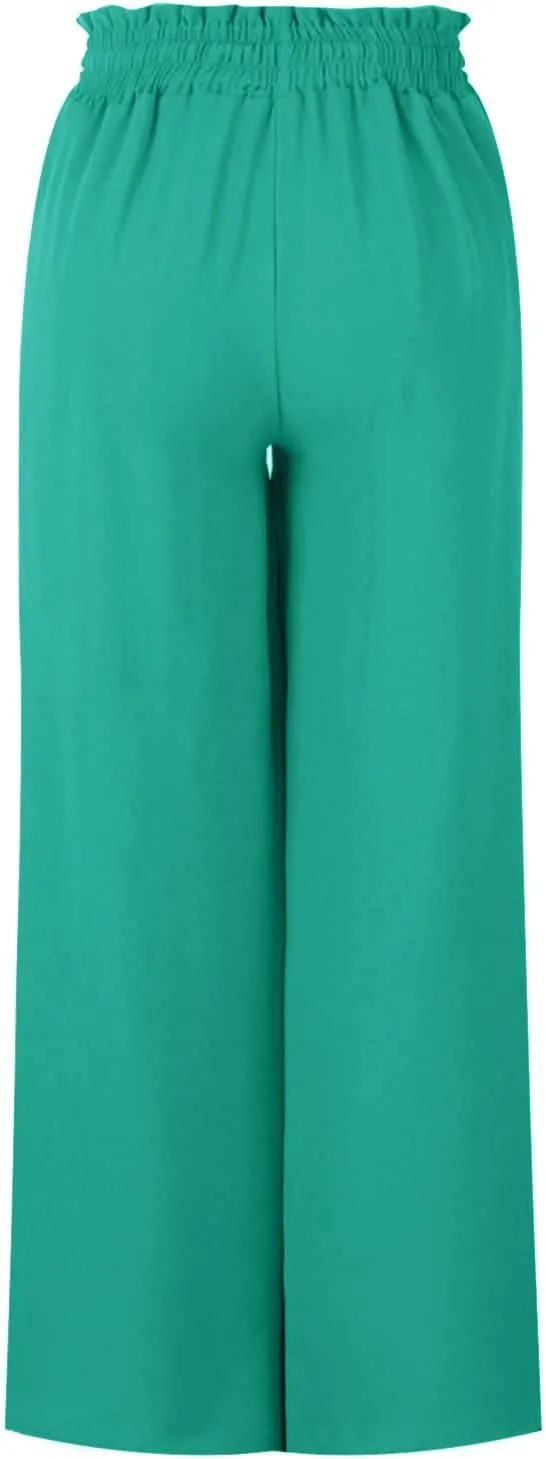 Women Flowy Pants Summer Fashion High Waisted Drawstring Wide Leg Casual Baggy Lightweight Breathable Solid Trosuers