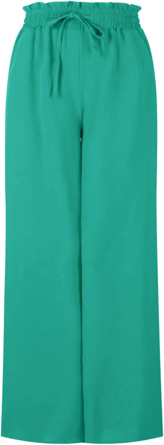 Women Flowy Pants Summer Fashion High Waisted Drawstring Wide Leg Casual Baggy Lightweight Breathable Solid Trosuers