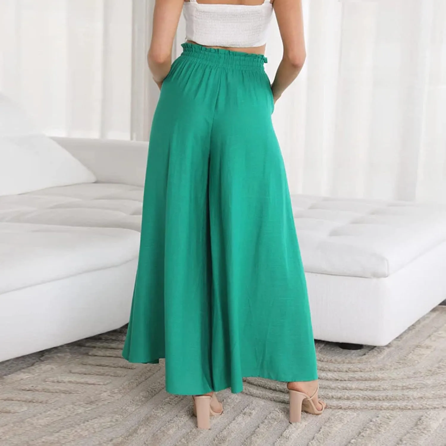 Women Flowy Pants Summer Fashion High Waisted Drawstring Wide Leg Casual Baggy Lightweight Breathable Solid Trosuers