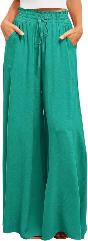 Women Flowy Pants Summer Fashion High Waisted Drawstring Wide Leg Casual Baggy Lightweight Breathable Solid Trosuers