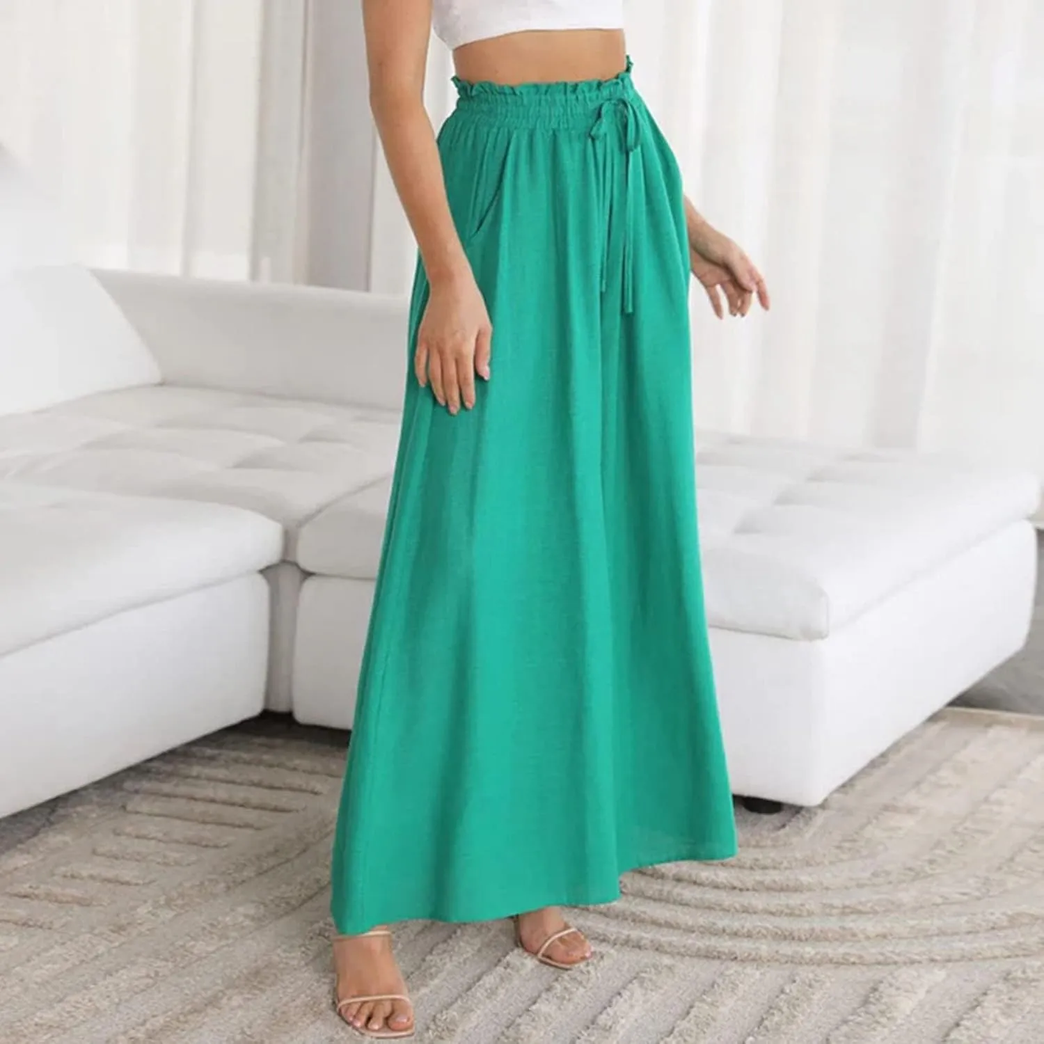 Women Flowy Pants Summer Fashion High Waisted Drawstring Wide Leg Casual Baggy Lightweight Breathable Solid Trosuers
