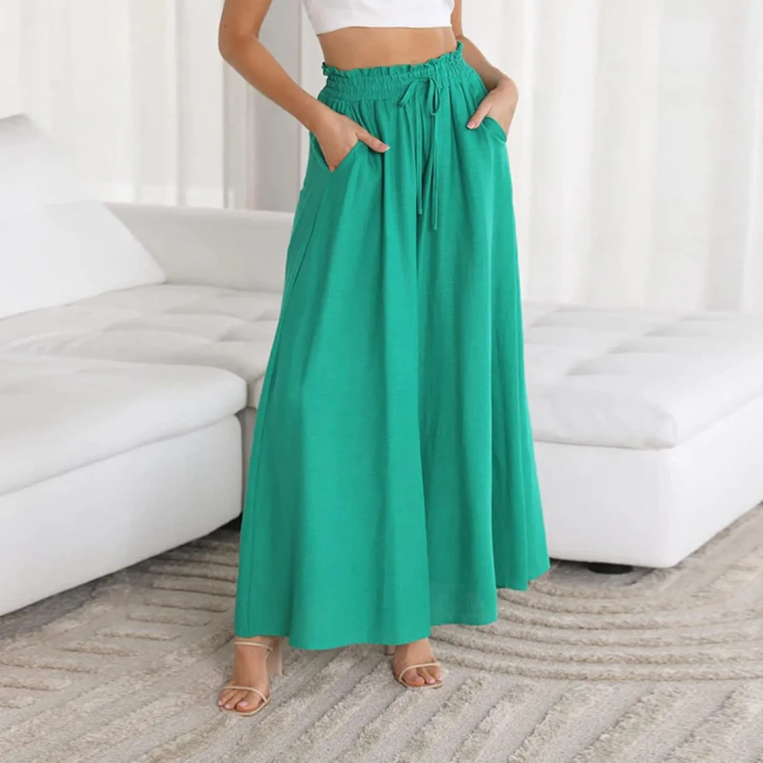 Women Flowy Pants Summer Fashion High Waisted Drawstring Wide Leg Casual Baggy Lightweight Breathable Solid Trosuers