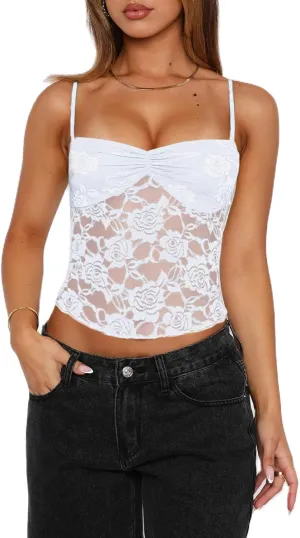 Women Lace Camisole Top Y2k Floral Sheer Mesh Spaghetti Strap Tank Top Summer Sexy Slim Fit Square Neck Shirt