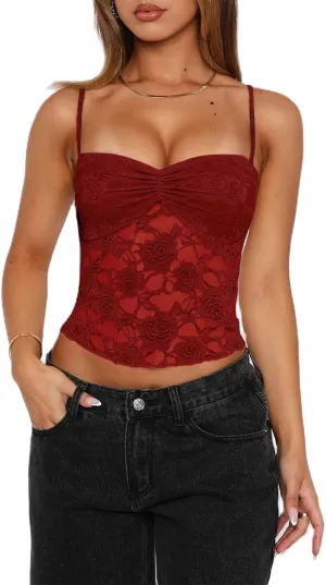 Women Lace Camisole Top Y2k Floral Sheer Mesh Spaghetti Strap Tank Top Summer Sexy Slim Fit Square Neck Shirt