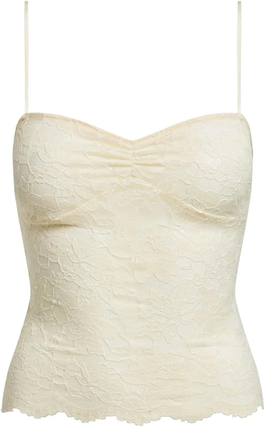 Women Lace Camisole Top Y2k Spaghetti Strap Cami Tank Sleeveless Backless Mesh See Through Going Out Slim Crop Top