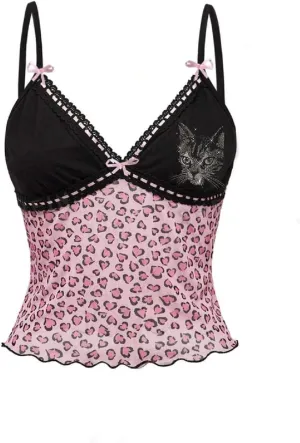 Women Leopard Print Tank Top Y2k Sexy Lace Trim Camisole Tops V Neck Spaghetti Strap Cami Crop Top Streetwear