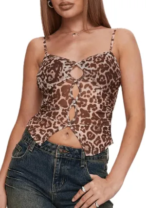 Women Leopard Print Tank Top Y2k Sexy Lace Trim Camisole Tops V Neck Spaghetti Strap Cami Crop Top Streetwear