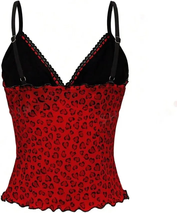Women Leopard Print Tank Top Y2k Sexy Lace Trim Camisole Tops V Neck Spaghetti Strap Cami Crop Top Streetwear