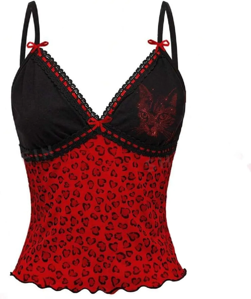 Women Leopard Print Tank Top Y2k Sexy Lace Trim Camisole Tops V Neck Spaghetti Strap Cami Crop Top Streetwear