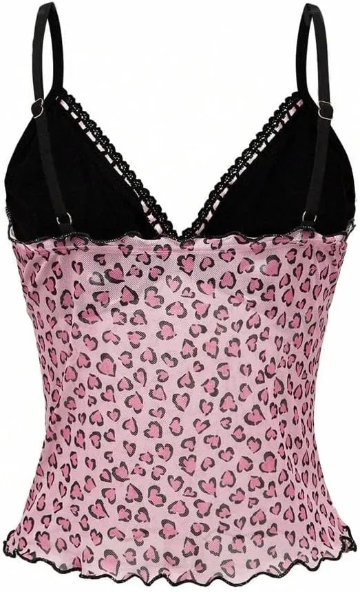 Women Leopard Print Tank Top Y2k Sexy Lace Trim Camisole Tops V Neck Spaghetti Strap Cami Crop Top Streetwear