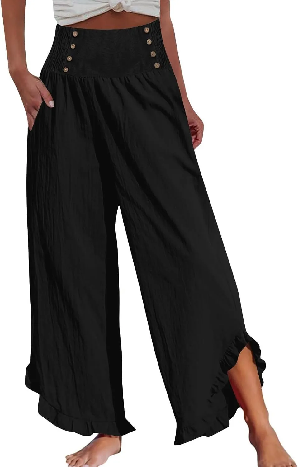 Women Linen Palazzo Pants 2025 Summer High Waisted Wide Leg Pant Pleated Beach Travel Trousers with Pockets