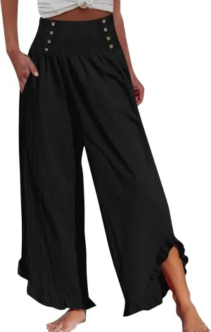 Women Linen Palazzo Pants 2025 Summer High Waisted Wide Leg Pant Pleated Beach Travel Trousers with Pockets
