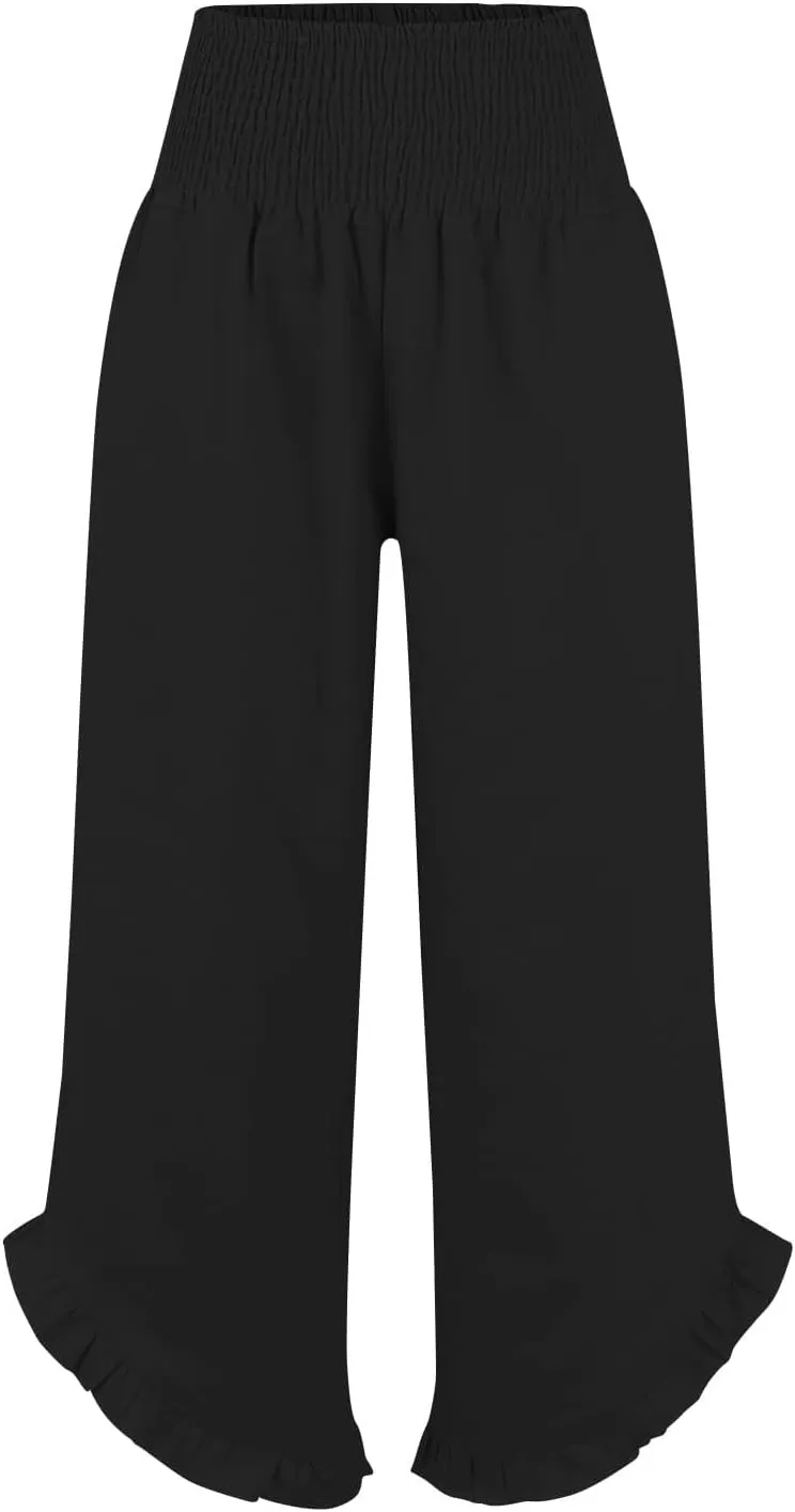 Women Linen Palazzo Pants 2025 Summer High Waisted Wide Leg Pant Pleated Beach Travel Trousers with Pockets